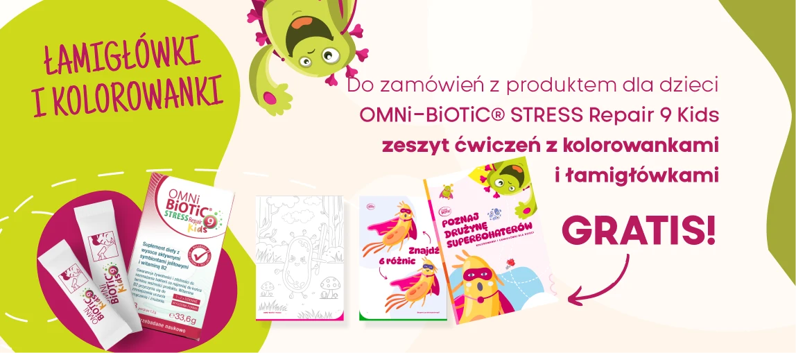 Do zamówień z produktem dla dzieci OMNi-BiOTiC® STRESS Repair 9 Kids zeszyt ćwiczeń z kolorowankami i łamigłówkami GRATIS